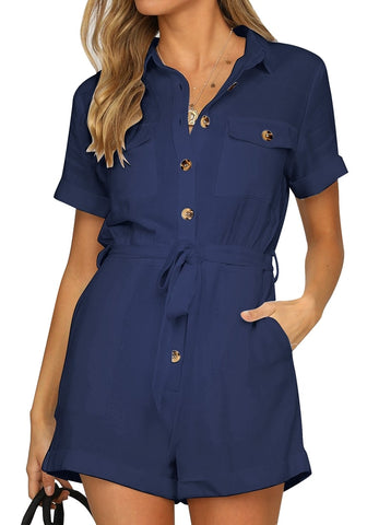 Navy Blue Short Sleeves Button-Down Belted Rompers