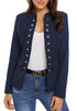 Front view of model wearing navy stand collar open-front blazer
