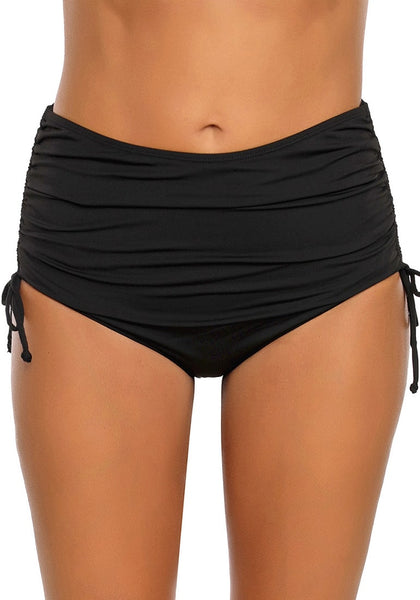 Front view of model wearing wearing black side-drawstring high waist ruched bikini bottom