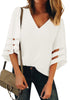 Front view of model wearing white 34 bell mesh panel sleeves V-neckline loose top