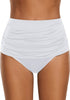 Front view of model wearing white high waist ruched swim bottom