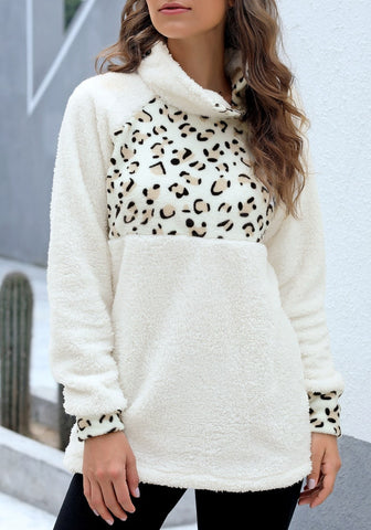 White Oblique Stand Collar Leopard Fleece Pullover