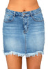 Front view of model wearinng light blue frayed hem washed denim mini skirt