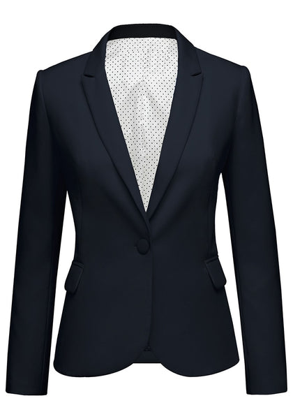 Front view of navy back-slit notched lapel blazer's 3D image