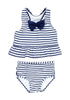 Front view of navy bow-front striped ruffle two-piece baby swimsuit's 3D image