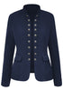 Front view of navy stand collar open-front blazer