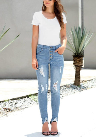 Light Blue High-Rise Ripped Buttoned Denim Jeans