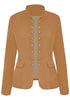Front view of camel stand collar open-front blazer