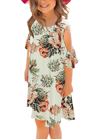 Off-White Floral Cold Shoulder Ruffle Sleeves Girl Tunic Dress