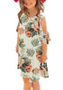 Front view of little model wearing off-white floral cold shoulder ruffle sleeves girl tunic dress