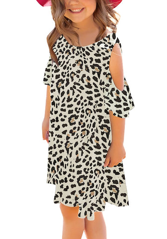 Off-White Leopard Cold Shoulder Ruffle Sleeves Girl Tunic Dress