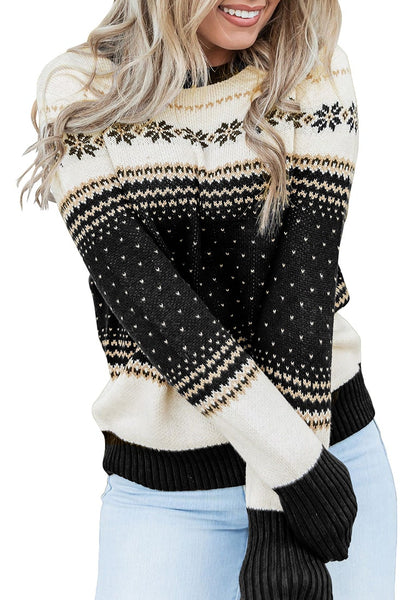 Front view of model wearing black crew neck snowflake colorblock knit sweater