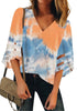 Front view of model wearing coral & blue 3-4 bell mesh panel sleeves V-neck tie-dye top