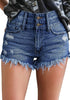 Front view of model wearing deep blue frayed raw hem high-waist denim shorts