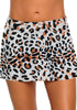 Front  view of model wearing leopard print zipper-pocket waistband skirted bikini bottom