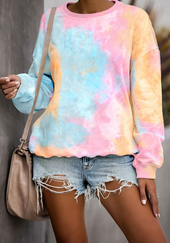Pink and Yellow Tie-Dye Drop Shoulder Pullover Sweater