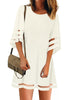 Front view of model wearing white 34 bell sleeves mesh panel crew-neckline loose dress
