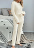 Side view of model wearing beige fuzzy knitted fleece drawstring-waist loungewear set