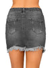 Back view of model wearing grey frayed hem washed denim mini skirt