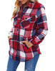 Angled view of model wearing red plaid long sleeves button down jacket