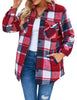 Front view of model wearing red plaid long sleeves button down jacket