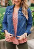 Front view of model wearing deep blue button down women's denim jacket