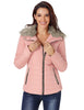 Front view of model wearing white faux fur collar zip up quilted jacket
