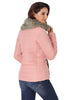 Back view of model wearing pink faux fur collar zip up quilted jacket