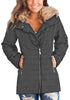 Front view of model wearing gray oversized faux fur collar zip up quilted jacket