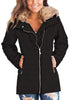 Front view of model wearing black oversized faux fur collar zip up quilted jacket
