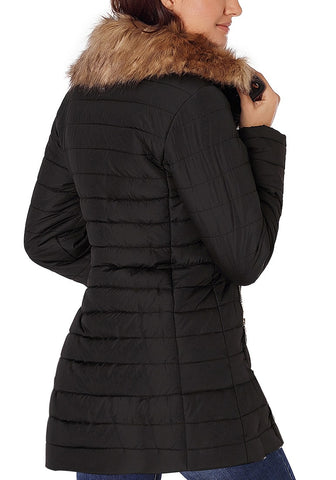Black Oversized Faux Fur Collar Zip-Up Quilted Jacket