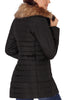 Back view of model wearing black oversized faux fur collar zip up quilted jacket