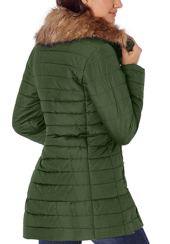 Army Green Oversized Faux Fur Collar Zip-Up Quilted Jacket