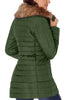 Back view of model wearing army green oversized faux fur collar zip up quilted jacket