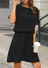 Model poses wearing black drawstring-waist ruffle short sleeves mini dress