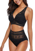 Model poses wearing black lace crochet V-neckline high waist set