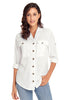 Model wearing white long cuffed sleeves lapel button-up blouse33