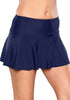 Right angled shot of model wearing solid navy flared swim skirt