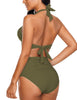 Army Green Halter Ruched High-Waist Bikini Set