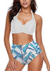 Model wearing white leaf-print halter self-tie ruched high waist bikini set