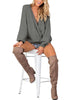 Sexy model wearing dark grey lantern sleeves surplice sweater