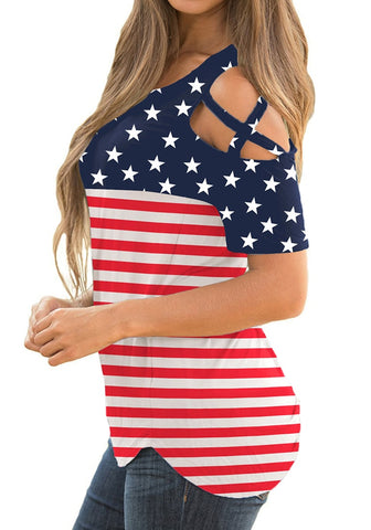 American Flag Crisscross Cutout Shoulder Blouse