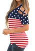 Side view of model wearing American flag crisscross cutout shoulder blouse