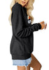 Side view of model wearing black statement print crewneck sweatshirt