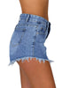 Side view of model wearing blue mid-waist frayed raw hem denim shorts