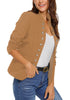 Side view of model wearing camel stand collar open-front blazer