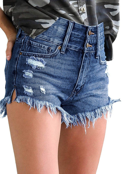 Side view of model wearing deep blue frayed raw hem high-waist denim shorts