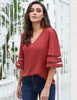 Tea Rose Women's V Neck Shirt Printed Top 3/4 Bell Sleeve Mesh Panel Blouse