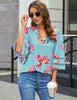 Floral Print Blue Women's V Neck Shirt Printed Top 3/4 Bell Sleeve Mesh Panel Blouse