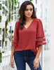 Tea Rose Women's V Neck Shirt Printed Top 3/4 Bell Sleeve Mesh Panel Blouse